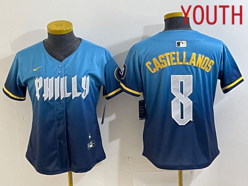 Youth Philadelphia Phillies #8 Castellanos Blue City Edition Nike 2024 MLB Jersey style 1